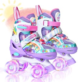 Rainbow Unicorn Kids Roller Skates for Girls Boys Toddler Ages 2-4,4-Pejiijar Adjustable Roller Shoes with Luminous Wheels for Birthday Xmas Gifts.