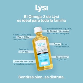 LÝSI, Omega 3 en Aceite de Bacalao, Contiene Vitaminas A, D3 y E, Sabor limón/menta, Para toda la familia, Contribuye a la salud cerebral, de la vista y ósea, Sin gluten y azúcar, 240 ml.