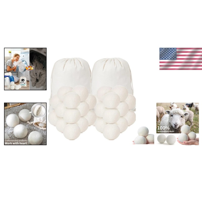 Reusable 100% New Zealand Wool Dryer Balls - Fluffier, Softer
