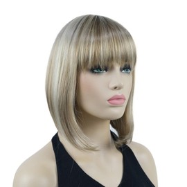Lydell Short Bob Hair Wigs for Women with Neat Bangs Full Synthetic Heat Resistant Blonde with Highlights