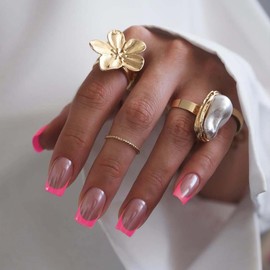 Chrome Hot Pink French Tip Press on Nails Short Square Fake Nails Chrome French Nude False Nails Cute Chrome Rose Red Acrylic Artificial Stick on Nails for Women Girls Manicure Decoration 24Pcs