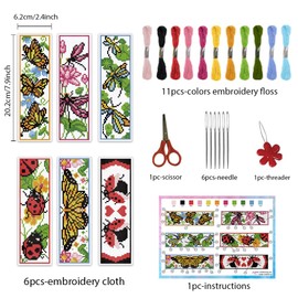 INFUNLY 6PCS Butterflies Cross Stitch Bookmark Kits Insects 8''x2.4'' Bookmark Making Kit Dragonflies DIY Stamped Embroidery Bookmarks for Beginners with Instruction for Book Lovers Reader Writers