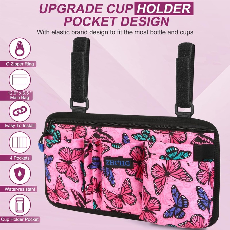 Wheelchair Side Bag, Wheel Chair Armrest Pouch Accessories with Cup