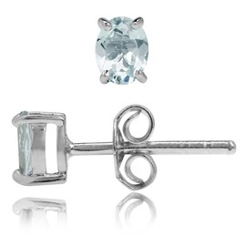 Silvershake 5X4mm Petite Genuine Oval Shape Light Blue Aquamarine 925 Sterling Silver Stud Earrings Jewelry for Women March Gemstone Birthstone