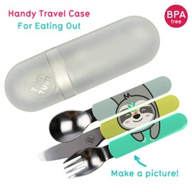 TUM TUM Children's Travel Cutlery - Stainless Steel Baby Cutlery - Children's Cutlery with Motif (Cat) - Extra Storage - Learning to Eat Cutlery Set - Children's Tableware 3-10 Years - BPA Free, Sloth