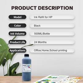 Aomya Ink Refill Kit Black 500ml Dye Bulk Ink for HP Inkjet Printers Refillable Cartridge CISS CIS System with Syringe&Glove (16.9 oz)