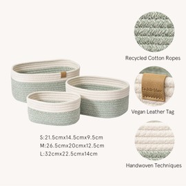 LA JOLIE MUSE Woven Storage Baskets for Organizing, Small Felt and Jute Wicker Basket for Bathroom Shelve Nursery, Decorative Basket Organizer Bins Set of 3, green