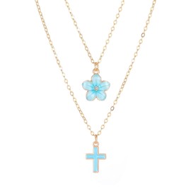 NLMSKI Layered Cross Flower Pendant Necklace For Women Dainty Minimalist Adjustable Delicate Chain Blue White Colors Gold Color Everyday Style (Blue)