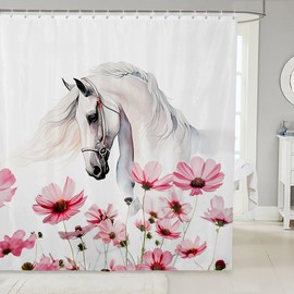 Manfei White Horse Shower Curtains,Pink Daisy Flower Rustic Bath Curtain,Western Cowboy Animal Theme Cloth Fabric Bathroom Decor Set with Hooks,72" Long