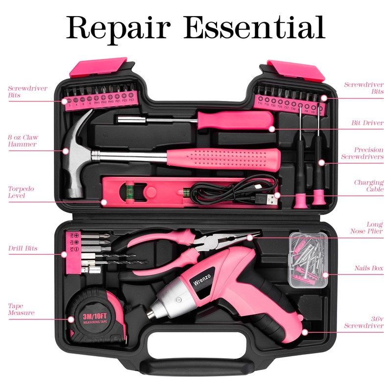 WRENZO Drill Set, Cordless Drill, Small Tool Kit, 112pc 3.6V