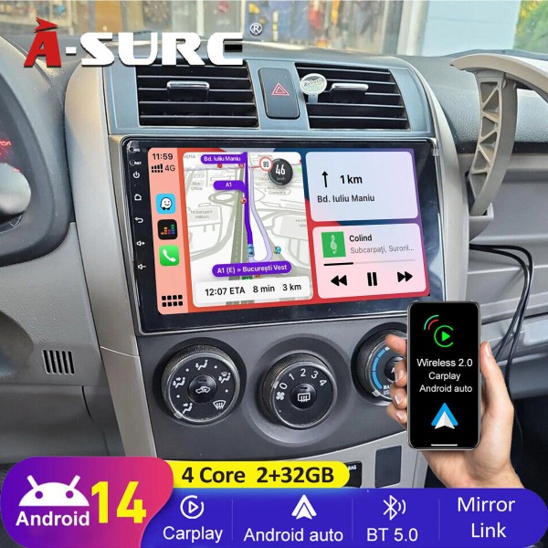 ASURE For Toyota Corolla 2007-2013 Wireless Apple Carplay Android 14
