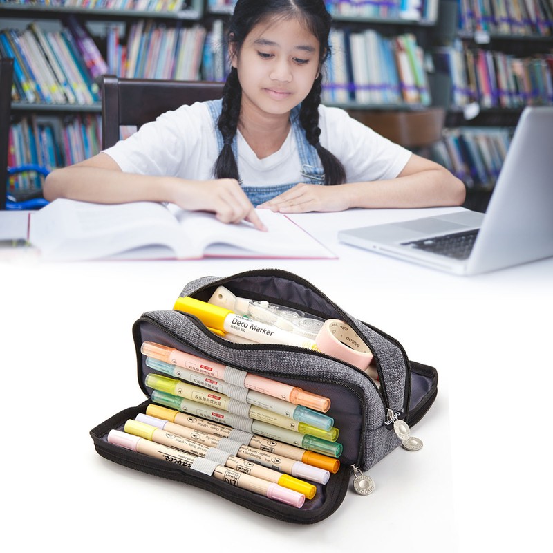 Large Capacity Pencil Case Multi Pocket Double Opening Cute Stationery