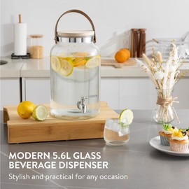 Navaris Drinks Dispenser with Tap - 1.5 Gal (5.6L) Glass Drink Jar with Tap, Wood Lid, Handle - For Cold Beverages, Water, Parties
