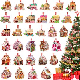 Jetec 32 Pieces Christmas Tree Ornaments Set Gingerbread House Ornaments Decoration Colorful Candies Xmas Round Lollipop Flat Train Peppermint Wood Ornaments for Candy Party Christmas Tree Decor