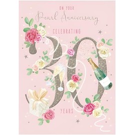 Noel Tatt 30th Milestone Pearl Anniversary Card - 30 Years - Champagne and Roses Design - Eco-Friendly and Recyclable