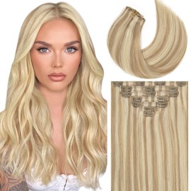 Caliee 22Inch Blonde Clip in Hair Extensions 7Pcs Invisible Seamless Human Hair Clip ins P8-60A Light Brown with Platinum Blonde Straight Natural Hair Remy Clip in Hair Extensions for Women 110G