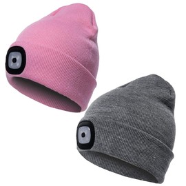 Keanu Pack of 2 Adults LED Beanie Hats - Mens Ladies Winter Knit with LED Glowing Light Torch - Black, Hi Viz Neon Yellow, Pink, Grey - One Size (Pack of 2 - Pink/Grey)