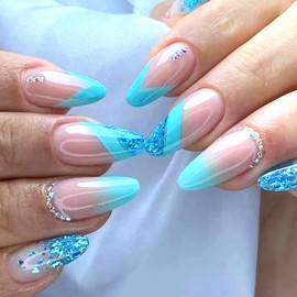 Blue French Tip Press on Nails Almond Medium Fake Nails Lines Glitter Sequins Rhinestones Design Glue on Nails Pink Full Cover False Nails Press ons Glossy Artificial Stick on Nails for Women 24Pcs