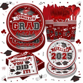 Piooluialy Graduation Decorations Class of 2025 - Graduation Party Supplies 2025 Include Plates, Cups, Napkins, Cutlery, 2025 College High School Graduation Party Decorations | 24 Guests (Maroon)