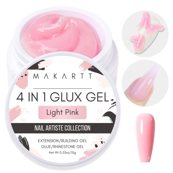 Makartt 4 in 1 Glux Gel Solid Nail Extension Gel Builder Nail Gel 15 ml UV Nail Glue for Acrylic Nails 3D Nail Sculpture Gel UV/LED Nail Lamp Required Nude Pink