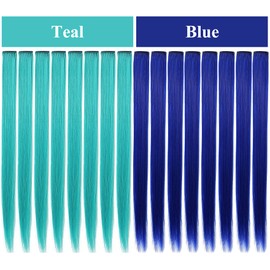 Rhyme 21'' 16 PCS Set Straight Colorful Colored Clip In/On Hair Extensions Party Highlight Multi Colors Hair pieces For Woman/Girls/Lady (Blue Teal)