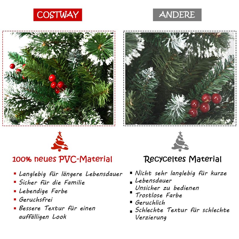 COSTWAY 150/180/210/240 cm Artificial Christmas Tree with Red Berries, Snow-Covered