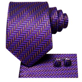 Dubulle Mens Paisley Silk Tie for Men Gold Purple Striped Necktie and Pocket Square Cufflinks Set Wedding Business