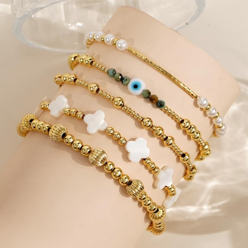 SHINUS BOHO Evil Eye Clover Pearl 14K Gold Beaded Bracelet