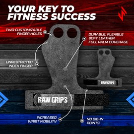 JerkFit RAW Grips 2 Finger Leather Hand Grips for Gymnastics & Cross Training - Full Palm Protection 4 WODs,Weightlifting,Calisthenics, Pull ups - Prevents Rips & Blisters (Large)