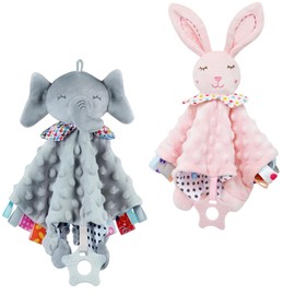 KOSMOX Manta de Apego para Bebé con Sonajas, Manta de Elefante & Conejo, Juguetes para Bebé de 0 a 6 Meses con Mordedera para Bebé Mordedor de Silicona y Etiquetas (Rosa Gris)
