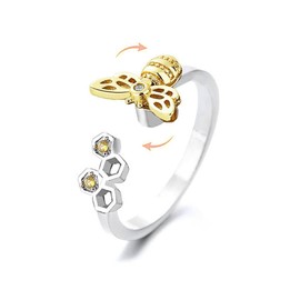 Cute Bee Fidget Spinner Rings for Women Sterling Silver Plated Anxiety Rotate Freely Stress Relief Adjustable Open Ring Cubic Zirconia Lovely Honeycomb Fashion Jewelry Gifts Birthday Xmas (Style 2)