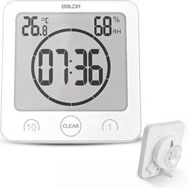 BALDR Waterproof Alarm Clock with Timer for Bathroom Shower - Wall Mounted LCD Clock Displays Time, Temperature & Indoor Relative Humidity