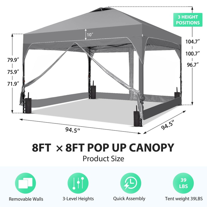 8x8FT 1-Button Push Pop Up Canopy Tent with 4 Clear
