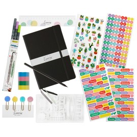 Loveria Bullet Journal Set with Notebook and Pens - A5 Dotted Black 192 Pages Including 3 Pens, Over 250 Stickers, Washi Tape Tape, Paper Clips, Ruler and Pencils