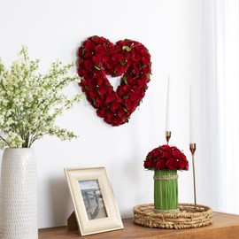 Red Wooden Rose Floral Heart Shaped Artificial Valentine's Day Wreath, 14-Inch