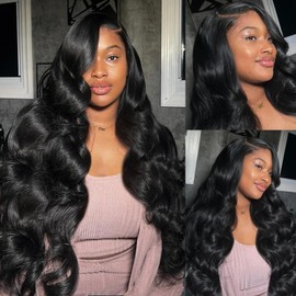 Ncozwo Body Wave Lace Front Wigs 26 Inch 13x4 HD Pre Plucked Wave Lace Front Wigs Artificial Fiber Human Hair Natural Black Pre Cut Glueless Wigs Density Frontal Wigs with Baby Hair for Black Women