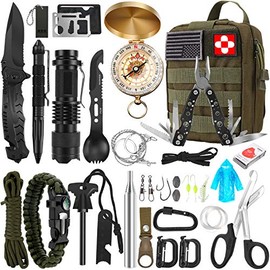 Survival Kit, 32 in 1 Professional Emergency Survival Gear Equipment Tools First Aid Supplies with Molle Pouch Gifts Ideas for Men Families SOS Tactical Hiking Hunting Disaster (Green)