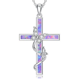 TOUPOP Butterfly Necklace 925 Sterling Silver Butterfly Cross Pendant Necklaces Purple Opal Jewelry Gifts for Women Her Daughter Wife Anniversary Birthday Gifts Ideas