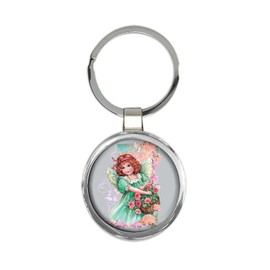 Angel with Flowers : Gift Round Keychain Catholic Religious Esoteric Victorian