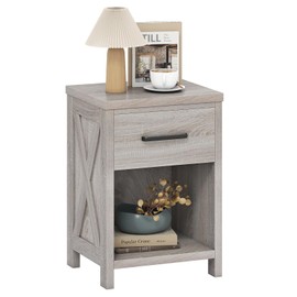 Giantex Farmhouse Nightstand, Wooden Bedside Table with Storage Drawer & Open Shelf, End Side Table, Rustic Night Stand for Small Space Bedroom & Home Office, Antique Brush White