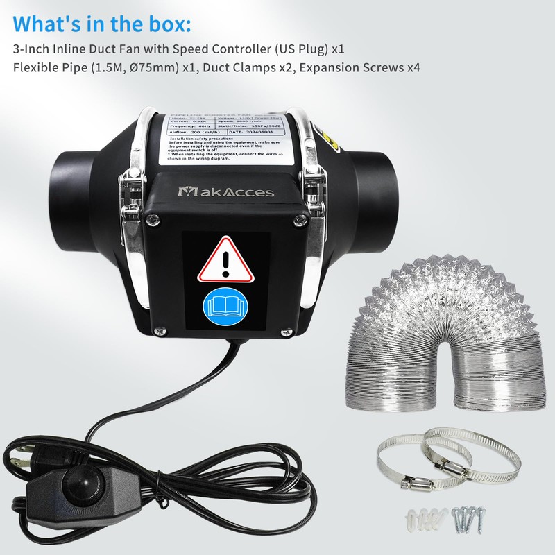 3 Inch Inline Duct Fan with Variable Speed Controller &