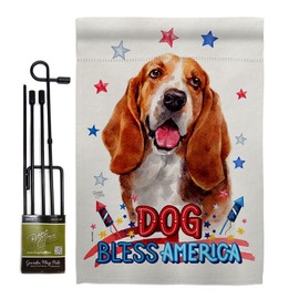 Breeze Decor Patriotic Basset Hound Garden Flag Set with Stand Animals Dog Puppy Spoiled Paw Canine Fur Pet Nature Farm Animal Creature Small Decorative Gift Yard House Banner Made in USA 13 X 18.5
