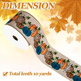 Whaline Fall Pumpkin Wired Edge Ribbon Blue Pumpkin Craft Ribbon Autumn Harvest Fabric Ribbon Vintage Farmhouse Wrapping Ribbon for Thanksgiving Day Wreath Floral Bow DIY Crafts Decoration