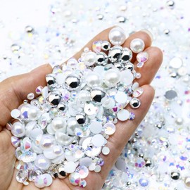 Towenm 60g Mix Pearls and Rhinestones, Flatback Rhinestones and Pearls for Crafts Tumblers Shoes Nails Face Art, 2mm-10mm Mixed Sizes Half Pearls and Rhinestones, White|Silver|Clear