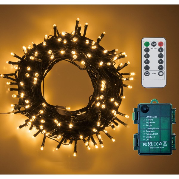 100 LEDs Battery Operated Christmas Lights On Dark Green Cable,