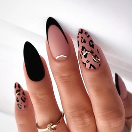24 Pcs Almond Shaped Fake Nails Medium Press on Nails Leopard Print False Nails Summer Artificial Gold Line Design Fake Nails for Women Acrylic Stick on Nail with Adhesive