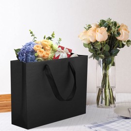 QIELSER 12 pcs Kraft Gift Bags Bulk Small Size 10.5" x 3.2" x 8", Black Kraft Paper Shopping Bags with Ribbon Handles, Party Favor Bags, Shopping Bags, Retail Bags, Wedding Bags