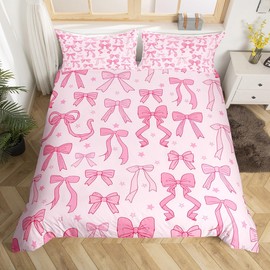 Feelyou Bow Star Print Bedding Duvet Cover Set Twin Size Cute Bowknot Bedding Set for Kids Decor Bow Comforter Cover Set Microfiber Pink Bow Bedspread Cover Bedroom Bedclothes,No Comforter