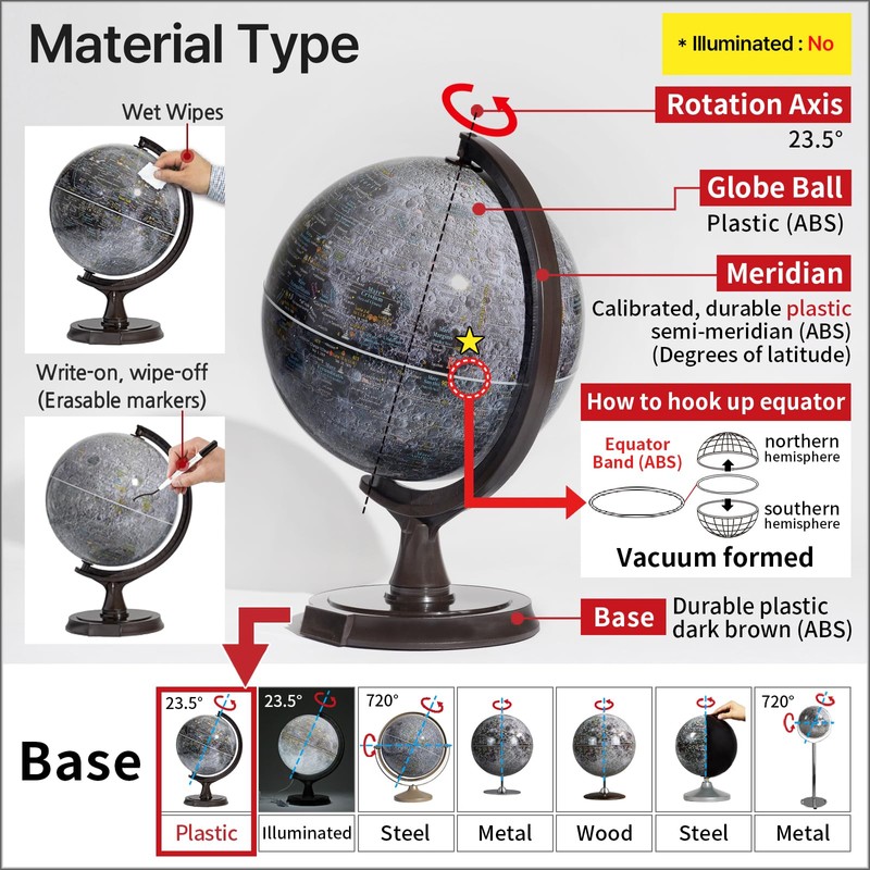 Mapsoft Prime Gray Moon Globe, 12" Lunar Globe and Atlas,