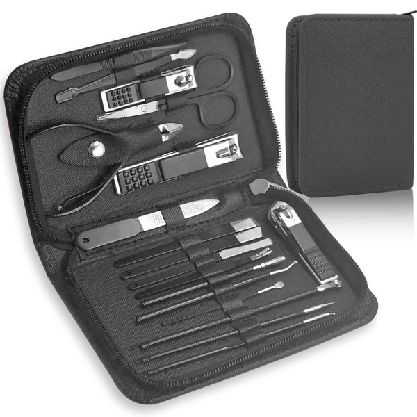 Manicure Pedicure Set -18pcs | Stainless Steel Professional Manicure Pedicure Kit Nail Clipper Set For Men Women | Nail Cutter Set Scissors Grooming Kit With Pu Leather Zip Case For Travel(Black)